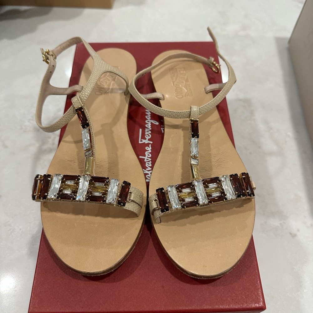 Salvatore Ferragamo Beige Sandals with Gem Accents